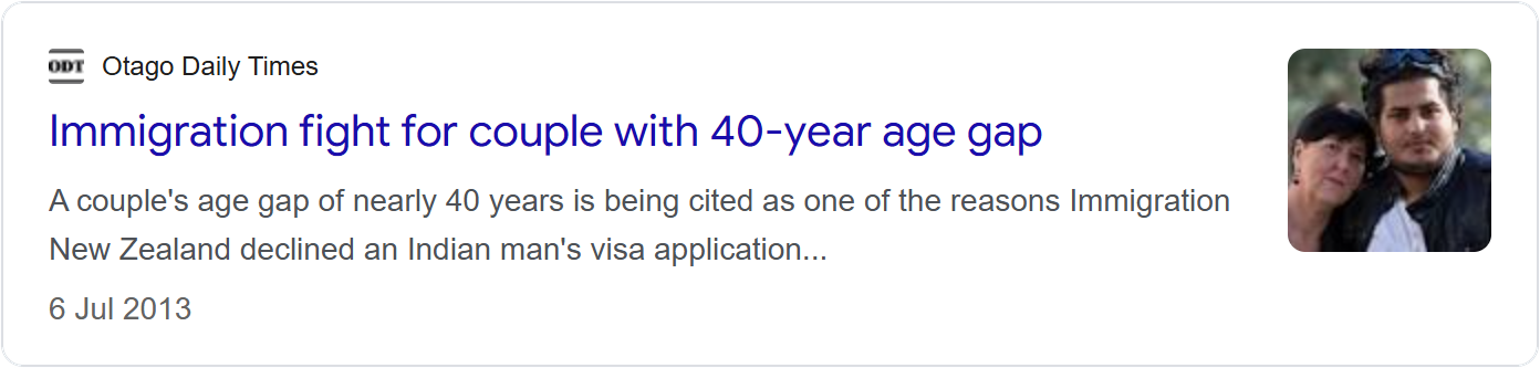 Otago Daily Times news card headlined 'Immigration fight for couple with 40-year age gap'.