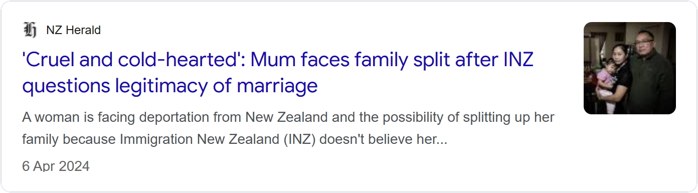 NZ Herald news card headlined ''Cruel and cold-hearted': Mum faces family split after INZ questions legitimacy of marriage'.