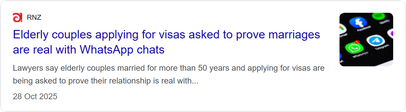 RNZ news card headlined 'Elderly couples applying for visas asked to prove marriages are real with WhatsApp chats'.