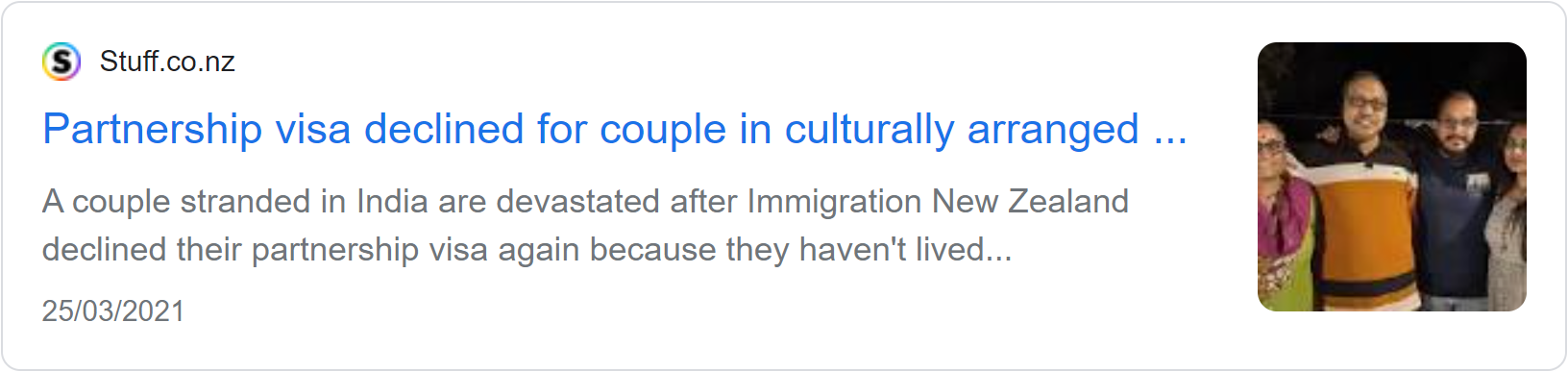 Stuff.co.nz news card headlined 'Partnership visa declined for couple in culturally arranged marriage', about a couple stranded in India after Immigration New Zealand declined their partnership visa.