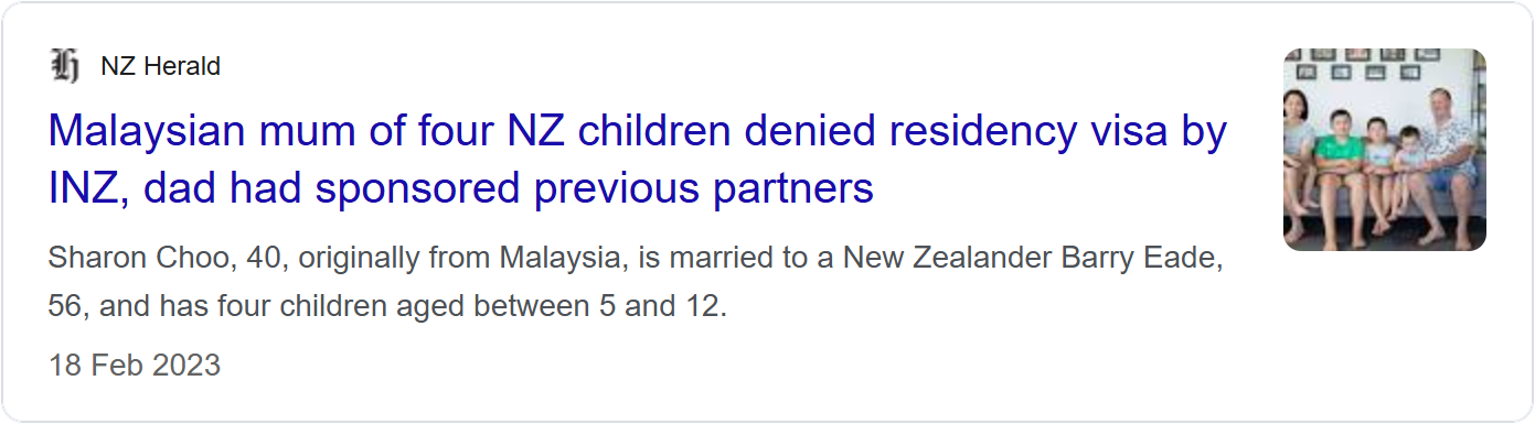 NZ Herald news card headlined 'Malaysian mum of four NZ children denied residency visa by INZ, dad had sponsored previous partners'.