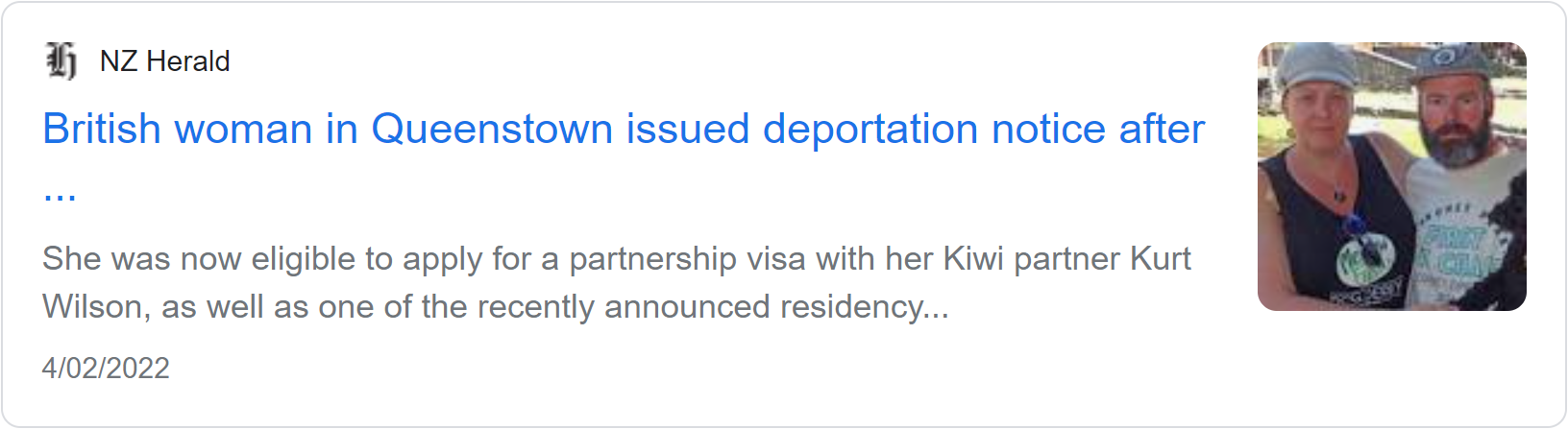 NZ Herald news card headlined 'British woman in Queenstown issued deportation notice', about a woman eligible to apply for a partnership visa with her Kiwi partner Kurt Wilson.