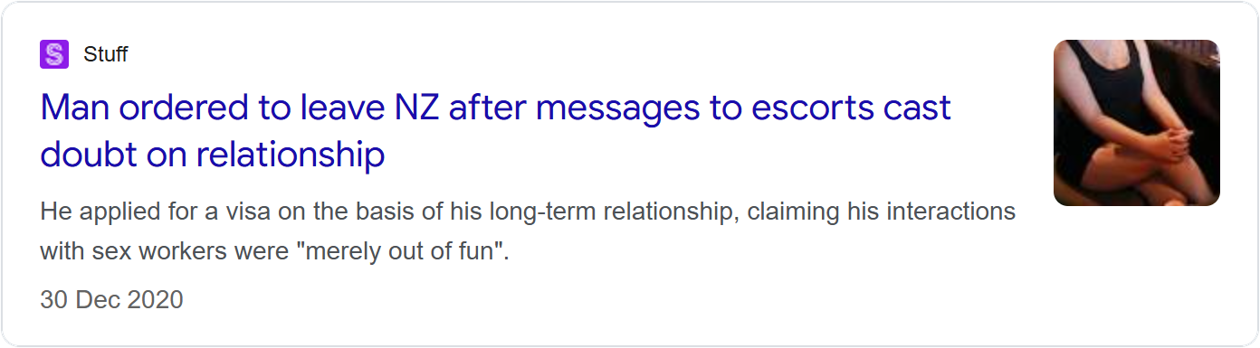 Stuff news card headlined 'Man ordered to leave NZ after messages to escorts cast doubt on relationship'.