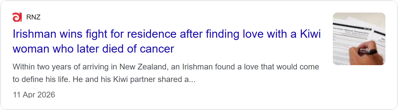 RNZ news card headlined 'Irishman wins fight for residence after finding love with a Kiwi woman who later died of cancer'.