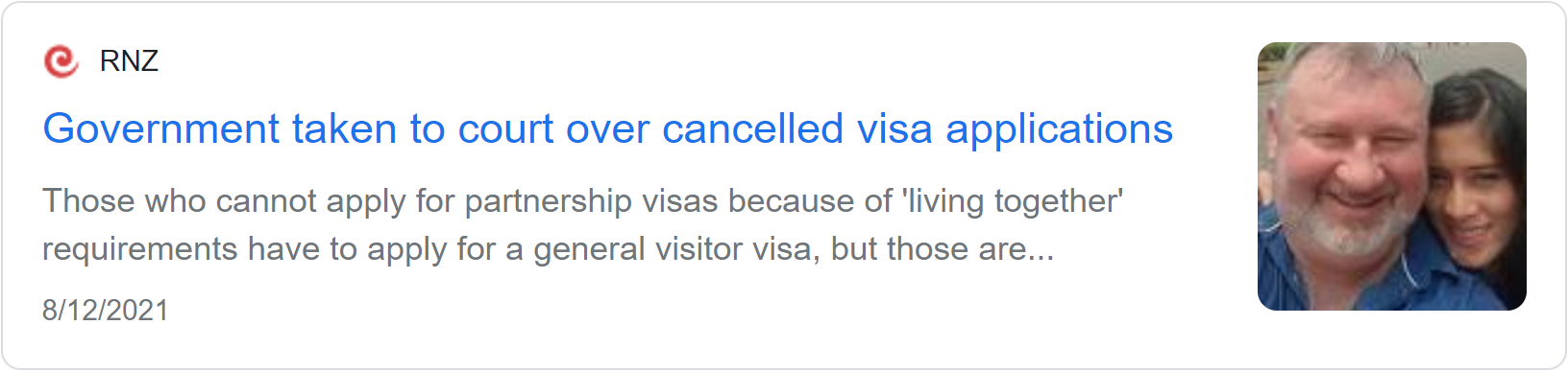 RNZ news card headlined 'Government taken to court over cancelled visa applications', noting couples who cannot meet living-together requirements must apply for a general visitor visa.