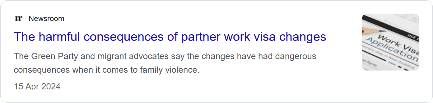 Newsroom news card headlined 'The harmful consequences of partner work visa changes'.