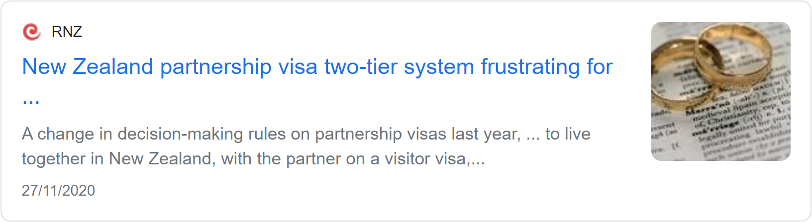 RNZ news card headlined 'New Zealand partnership visa two-tier system frustrating for couples', about couples wanting to live together with a partner on a visitor visa.