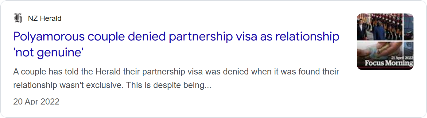 NZ Herald news card headlined 'Polyamorous couple denied partnership visa as relationship not genuine'.