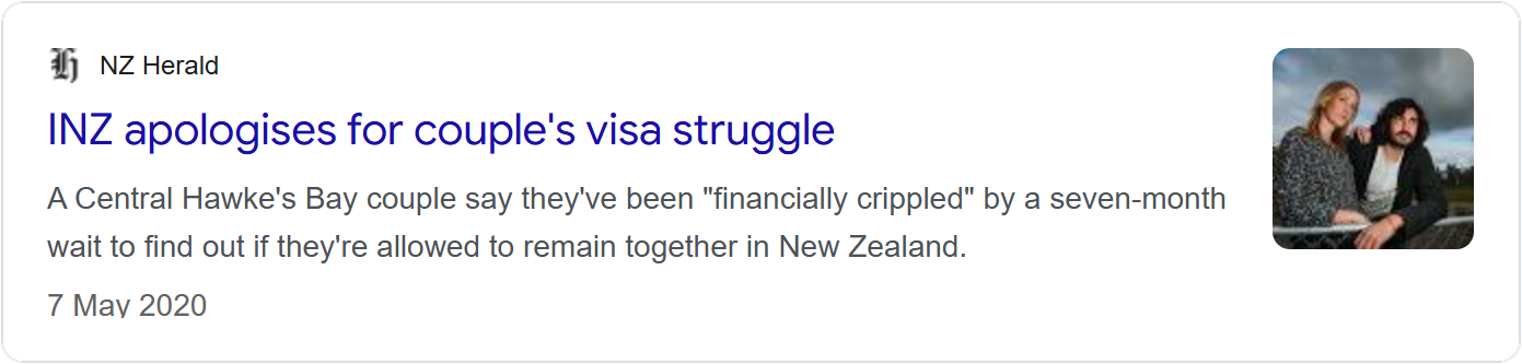 NZ Herald news card headlined 'INZ apologises for couple's visa struggle'.